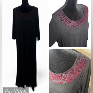 #441 (Catherines) Burgundy Velour Trimmed Black Maxi Dress - Size 1X